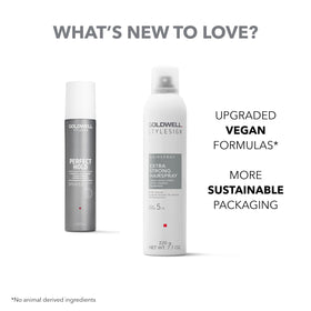 Goldwell extra strong beside ruler showing 7.7oz size and travel-friendly benefit