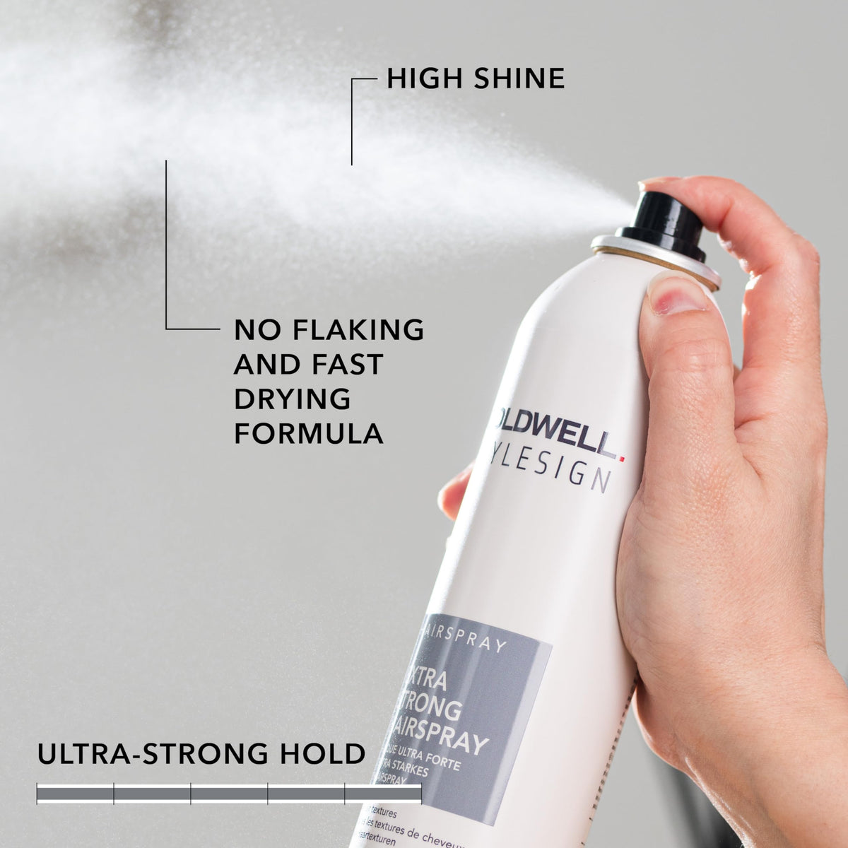 Goldwell extra strong fine spray mist demonstrating even coverage and long hold benefit
