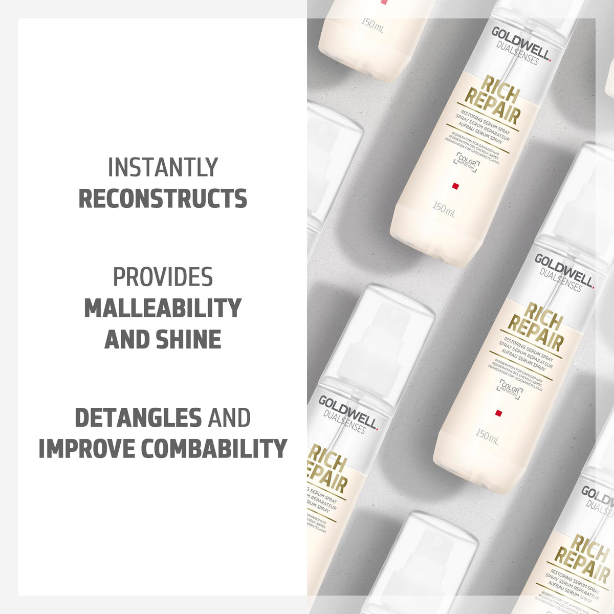 Goldwell hand holding 150ml bottle indicating travel-friendly size and convenience benefit