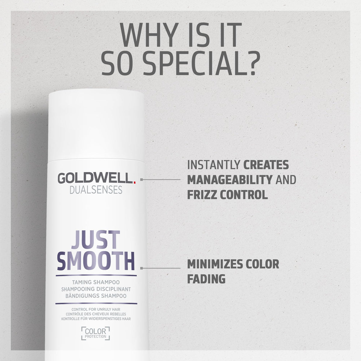 Goldwell Just Smooth before and after hair image showing smoother, shinier, frizz-reduced results