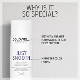 Goldwell Just Smooth before and after hair image showing smoother, shinier, frizz-reduced results