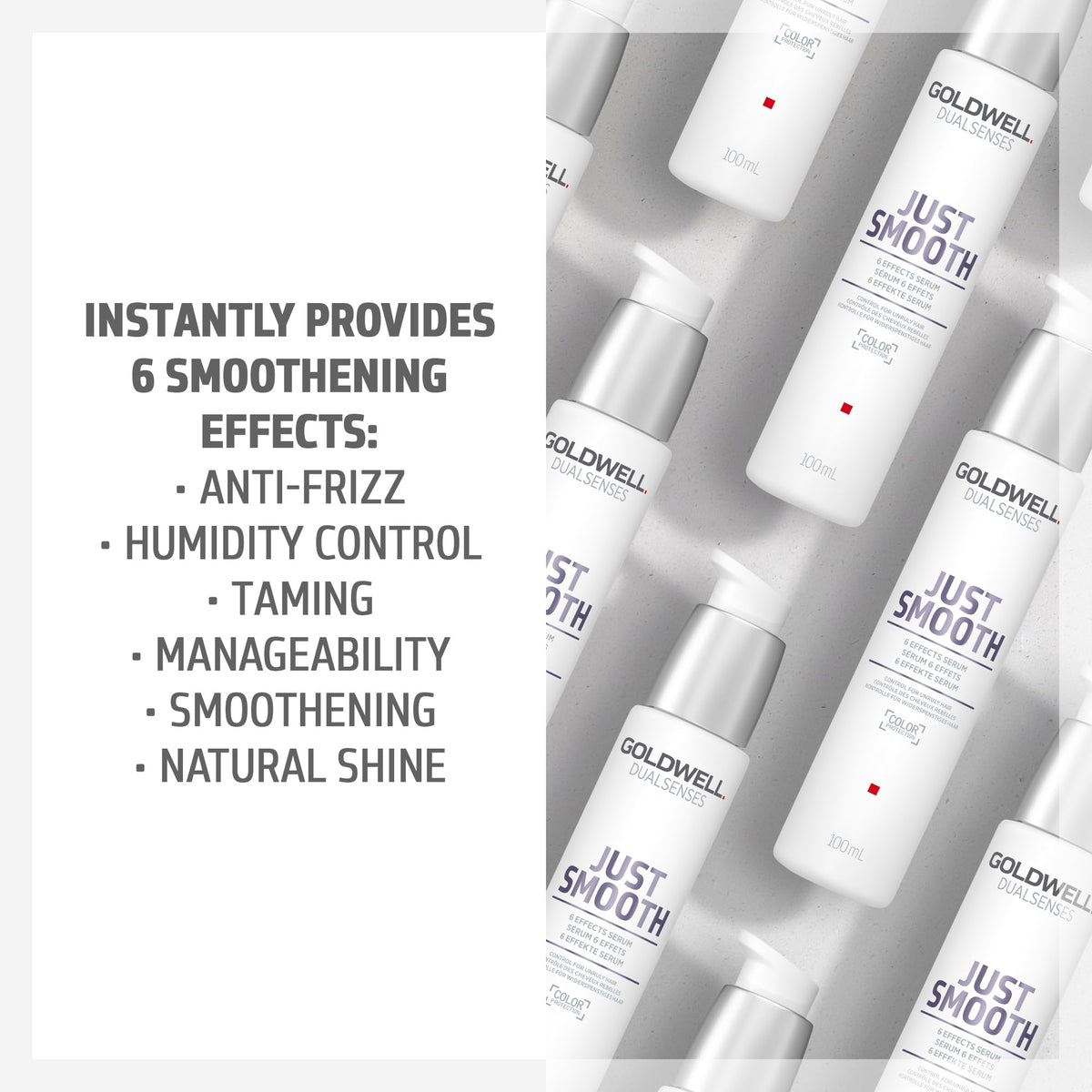 Goldwell Just Smooth before and after hair strands showing reduced frizz and shine