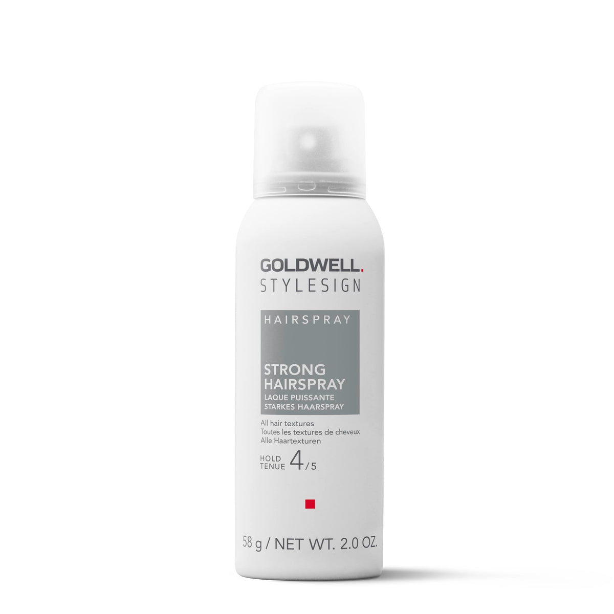 Goldwell front spray can showing label and strong hold benefits