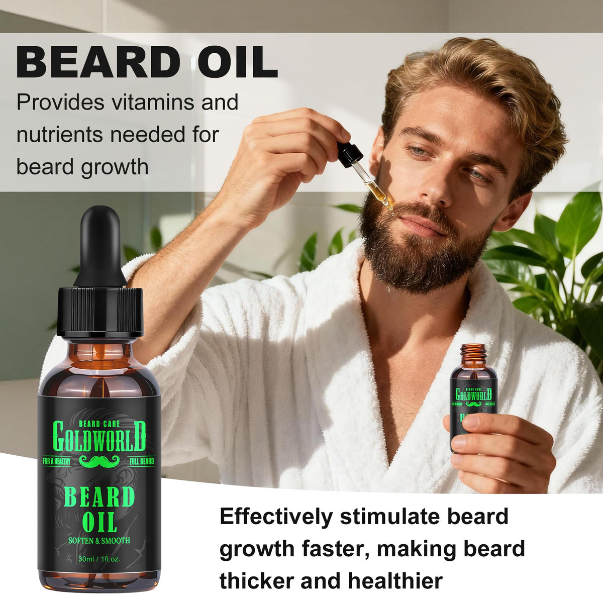 GoldWorld beard oil and balm bottles close up for visible moisturizing benefit