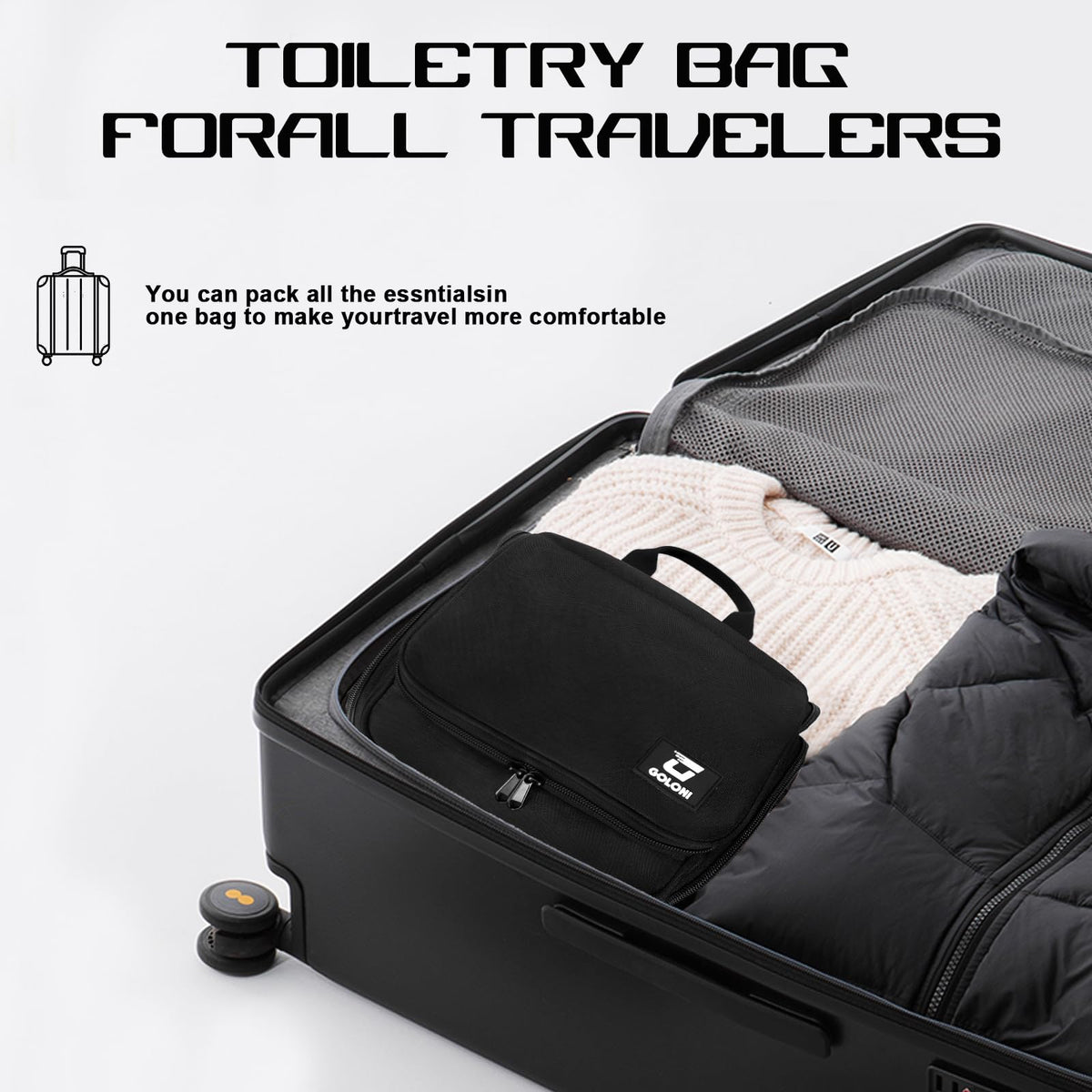 Goloni size scale with toiletries compares full-size bottles fitting comfortably