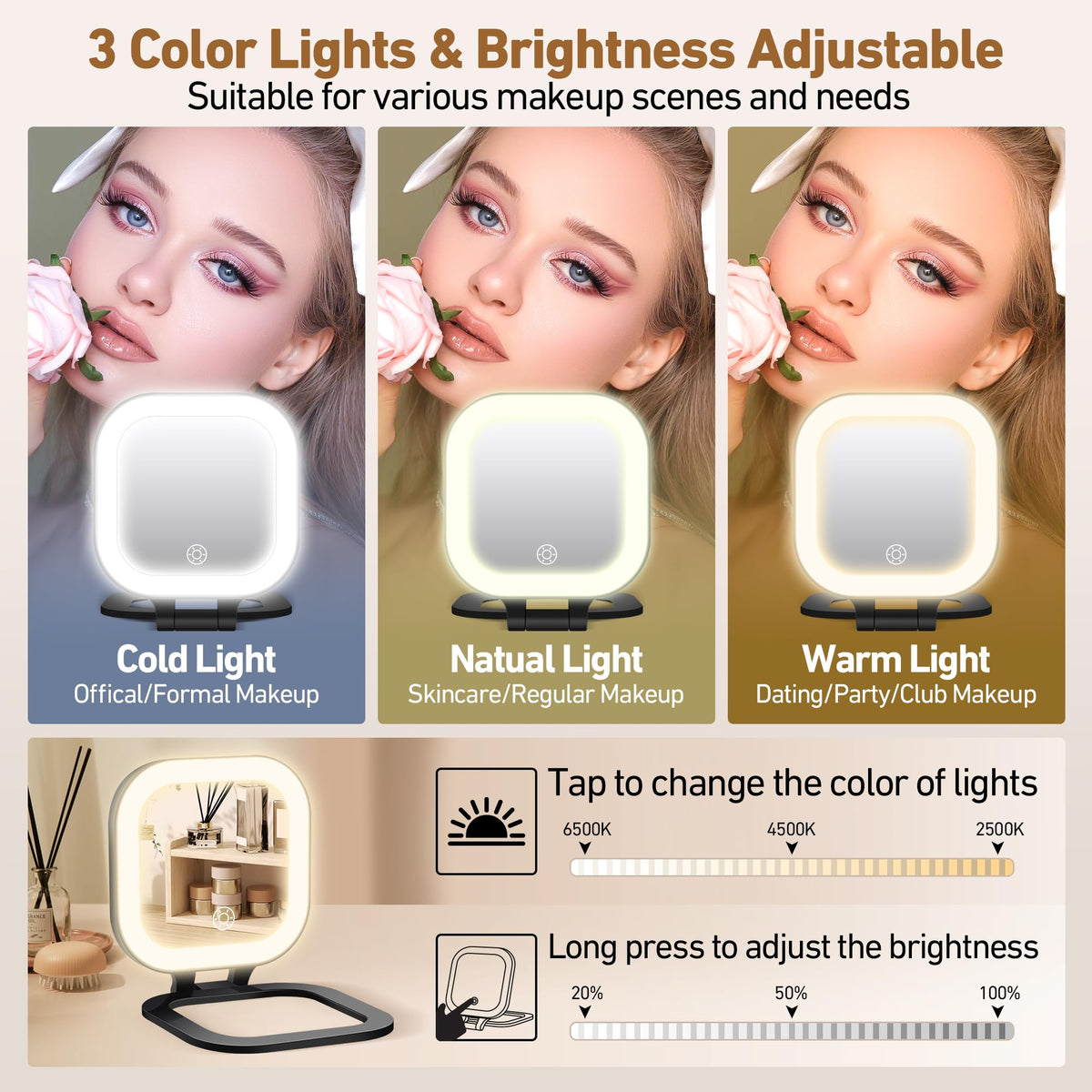 GOMIPURU folded compact mirror illustrating pocket-size portability benefit