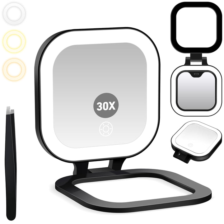 GOMIPURU front open mirror showing both 1x and 30x sides for accurate makeup