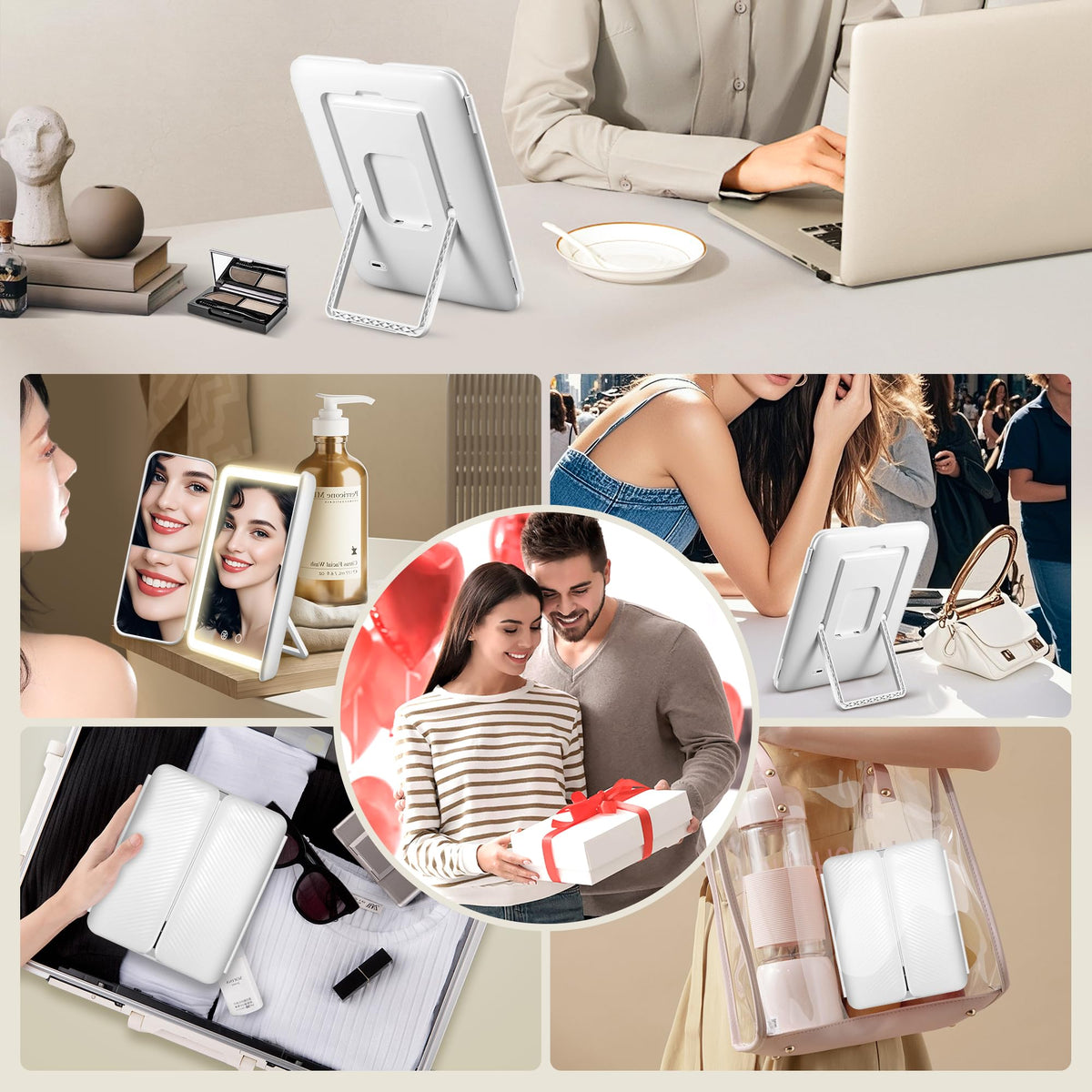 GOMIPURU size scale with hand demonstrating compact portable mirror dimensions and ease