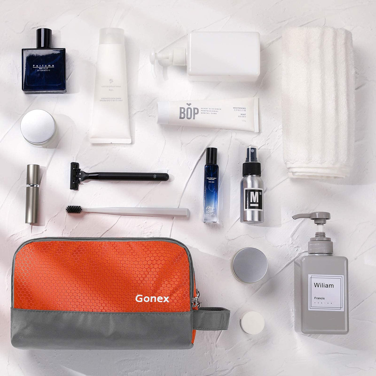 Gonex on bathroom counter in lifestyle scene emphasizing travel readiness