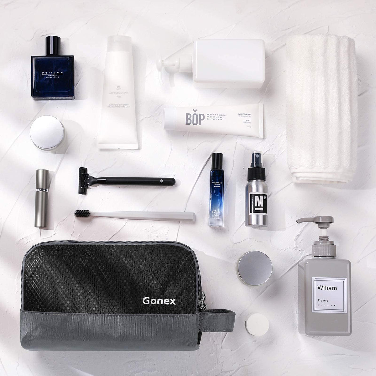Gonex toiletry bag placed on bathroom counter illustrating travel readiness