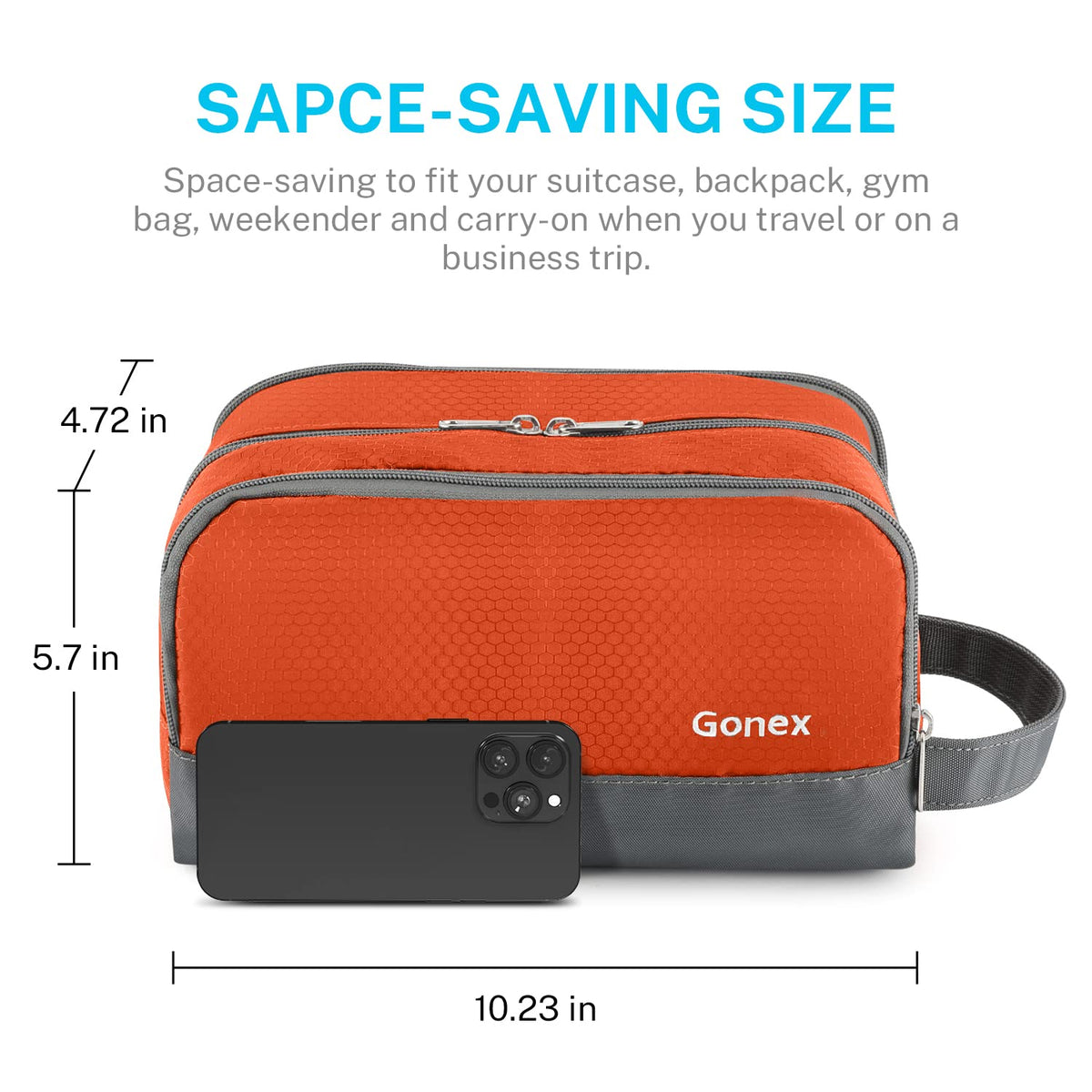 Gonex size comparison with phone and toothpaste demonstrating compact capacity