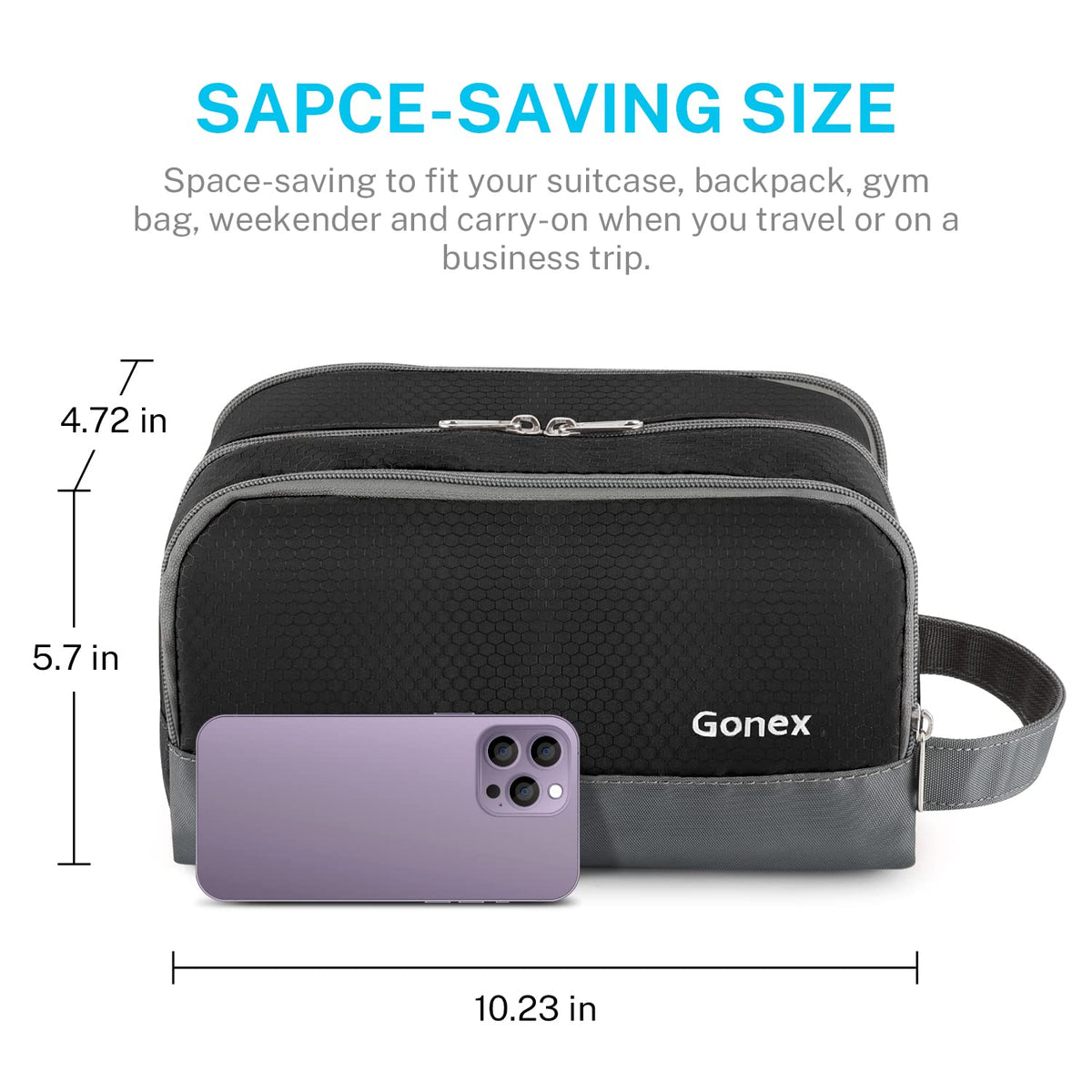 Gonex toiletry bag held in hand to show real-world size and scale