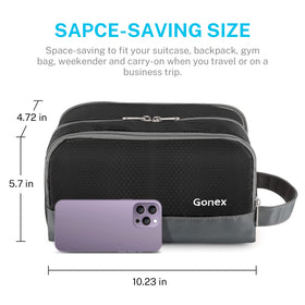 Gonex toiletry bag held in hand to show real-world size and scale