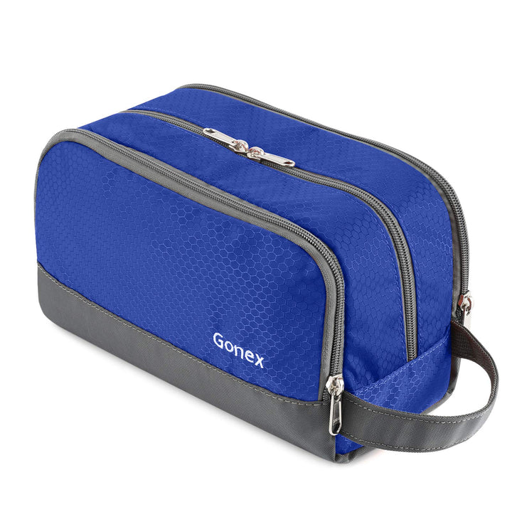 Gonex front view of blue toiletry bag showing compact protection