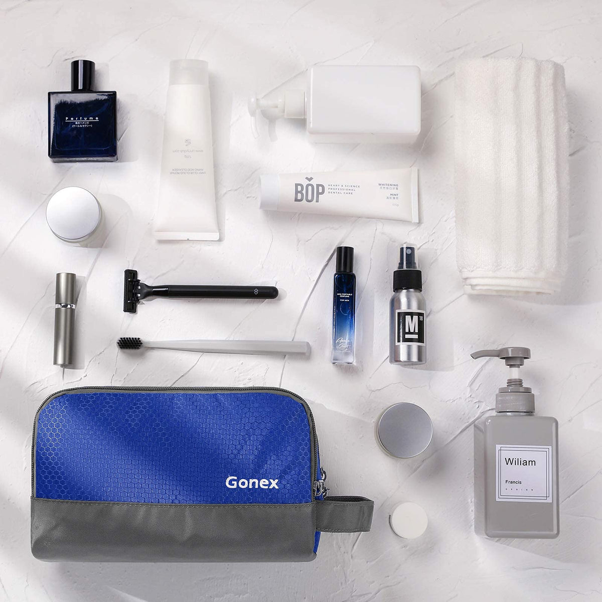 Gonex hanging in bathroom showing convenient access on trips