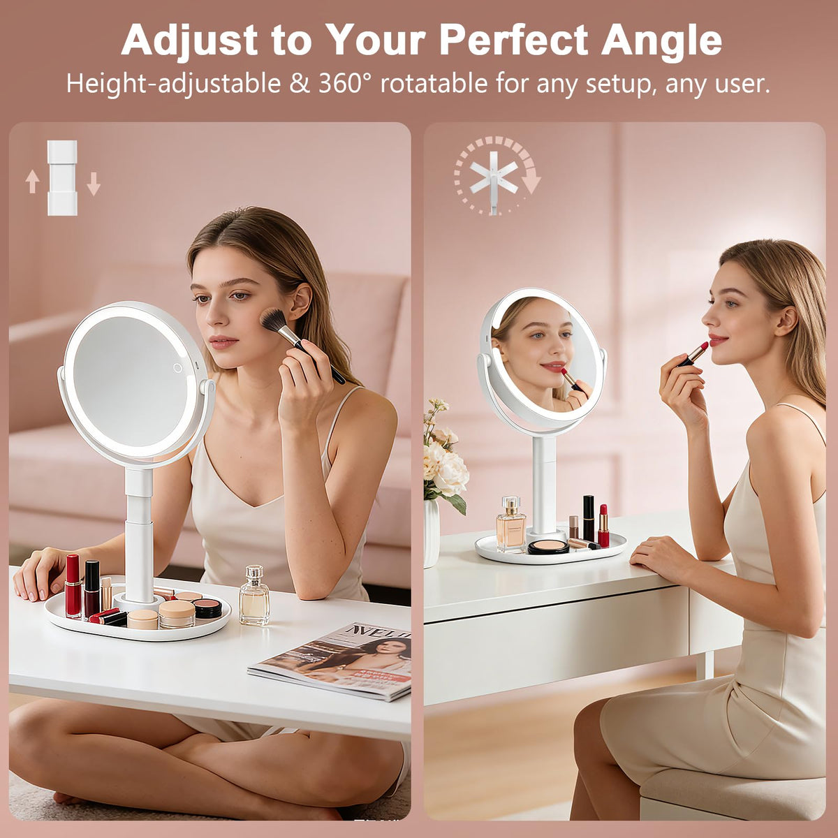GONOBLE mirror tilted to show 360-degree rotation and adjustable height benefit