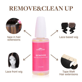 GOO GOO dropper applying remover into tape seam, fast adhesive breakdown demonstrated