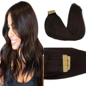 GOO GOO front packaging showing dark brown 20-inch tape-in extensions and benefits