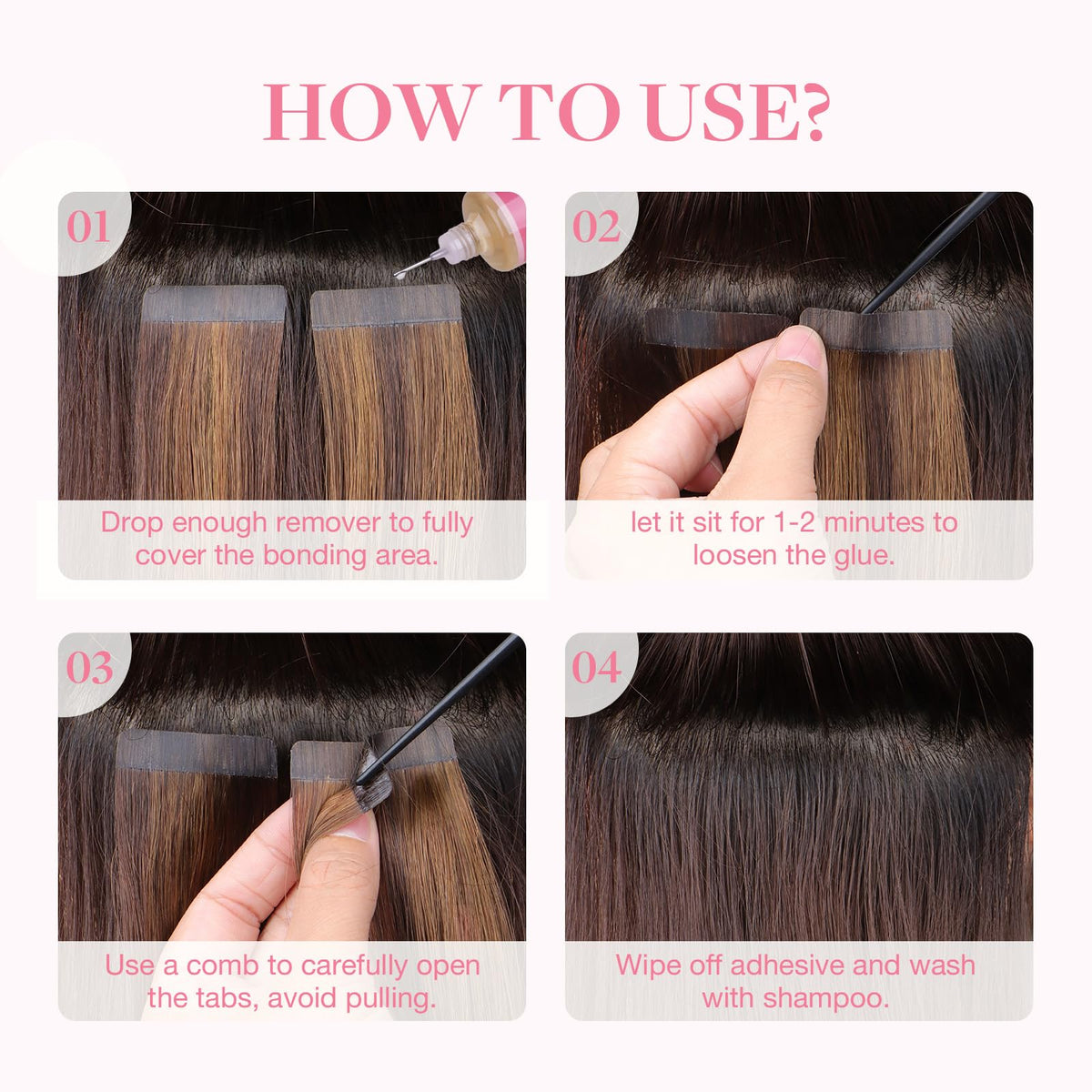 GOO GOO product used by stylist removing tape-in extensions, efficient salon application