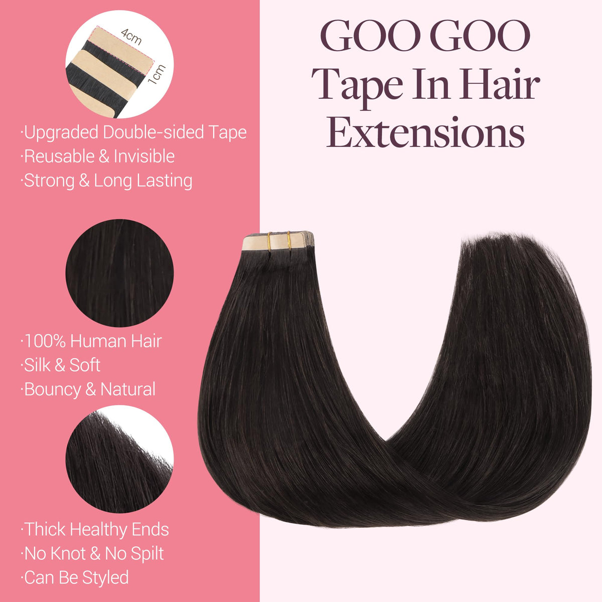 GOO GOO silky straight Remy hair texture close-up for smooth blend benefit