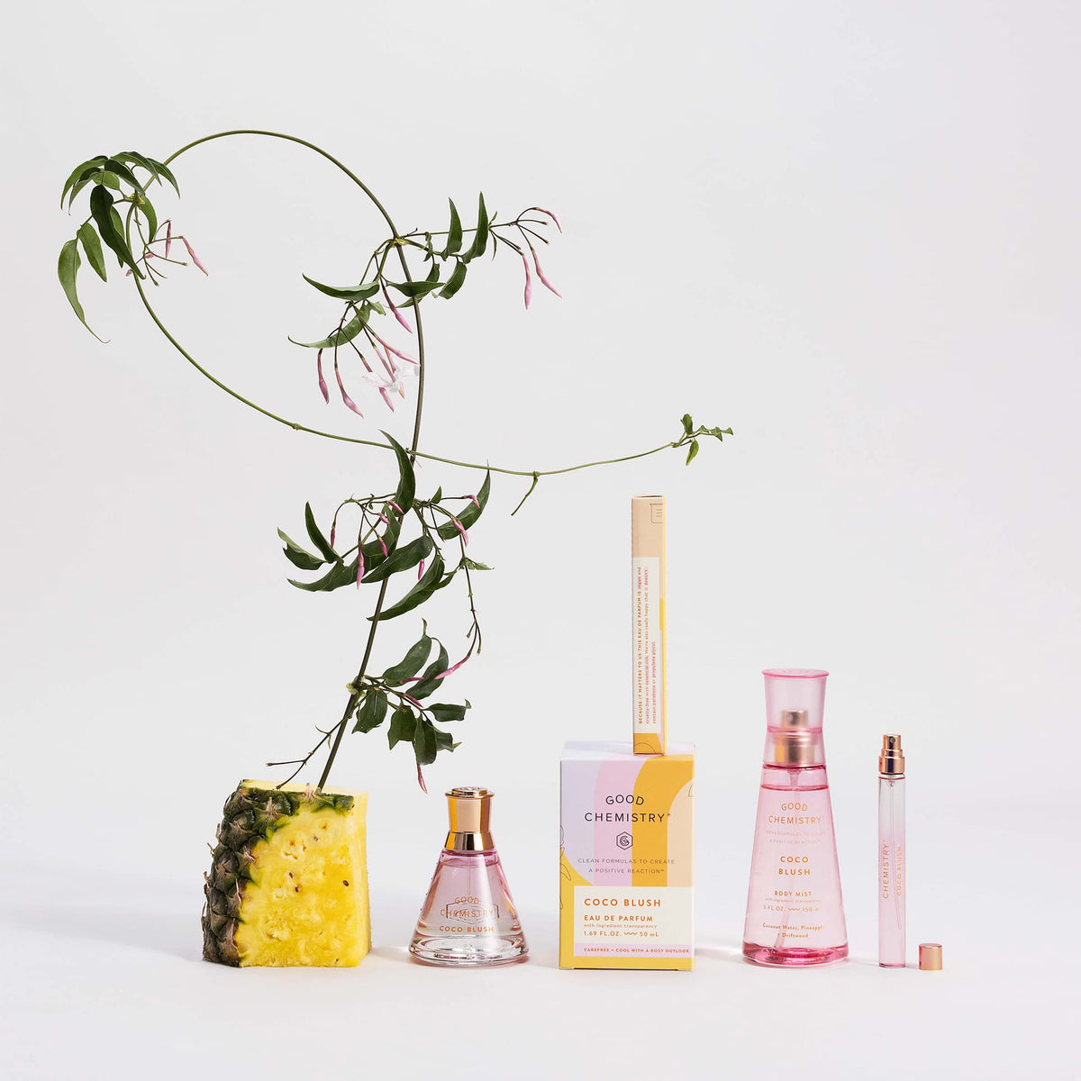Good Chemistry Coco Blush travel spray beside a credit card showing its pocket-ready size