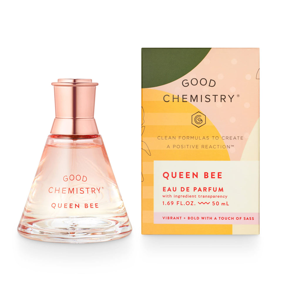 Good Chemistry bottle front view showing elegant glass and label benefit long-lasting scent
