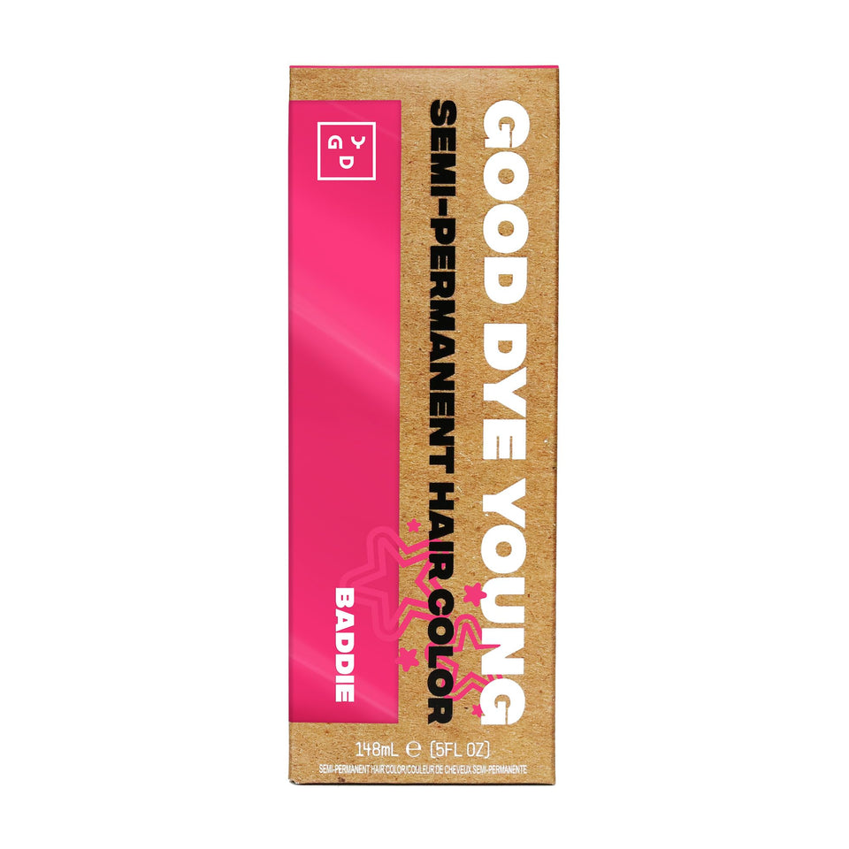 Good Dye Young Baddie front packaging showing bold pink shade and branding benefit of clear labeling