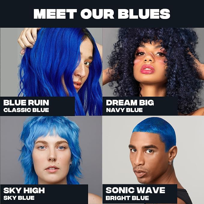 Good Dye Young before and after hair photo showing vivid blue result