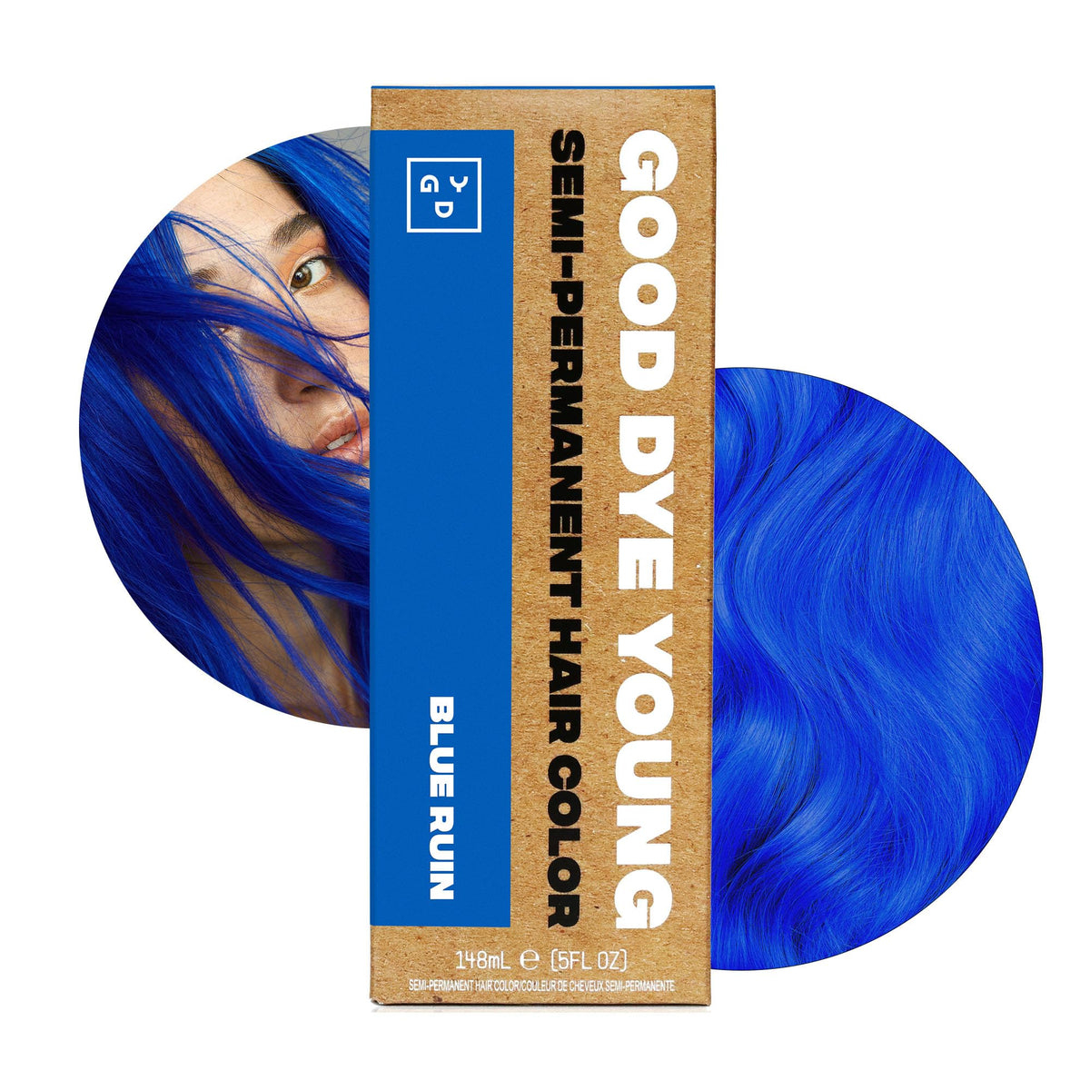 Good Dye Young front packaging showing vibrant blue color and vegan badge