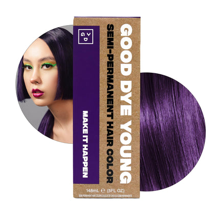 Good Dye Young front packaging showing eggplant purple tube and branding benefits