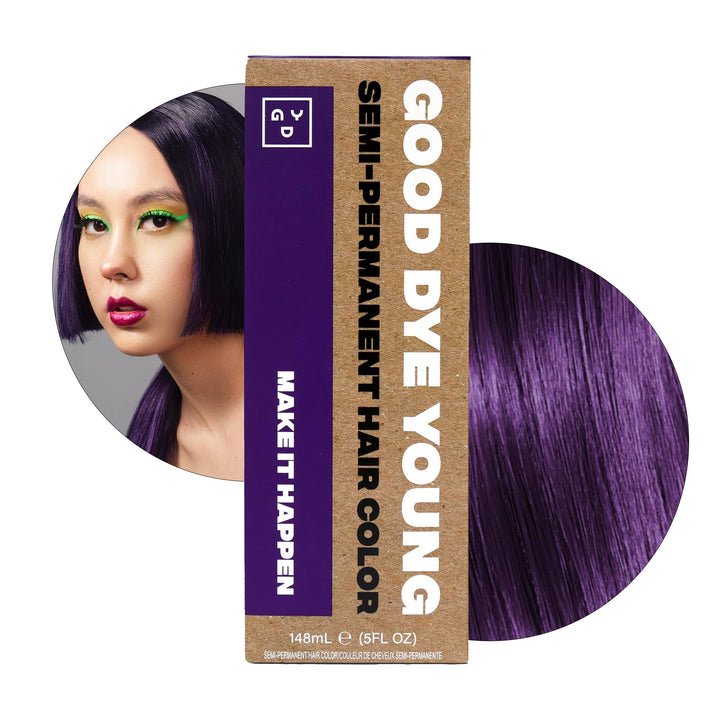 Good Dye Young front packaging showing eggplant purple tube and branding benefits