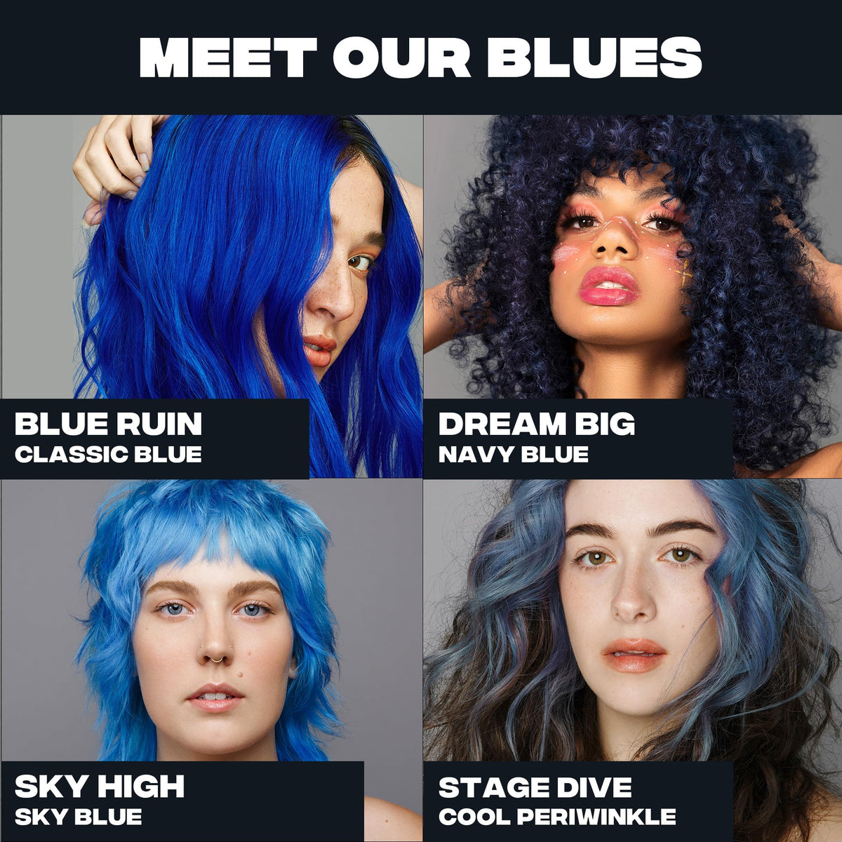 Good Dye Young styled model with blue hair showcasing bold color payoff