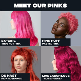 Model with vibrant magenta hair after Good Dye Young, bold color and shine