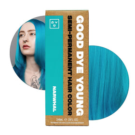 Good Dye Young front packaging showing vibrant Narwhal teal shade and bottle