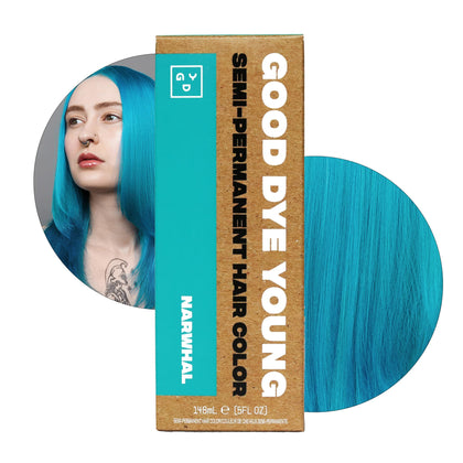 Good Dye Young front packaging showing vibrant Narwhal teal shade and bottle