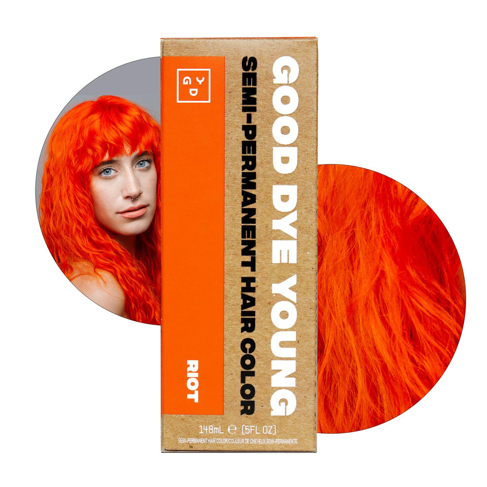 Good Dye Young Riot front packaging showing neon orange tube and branding for bold color