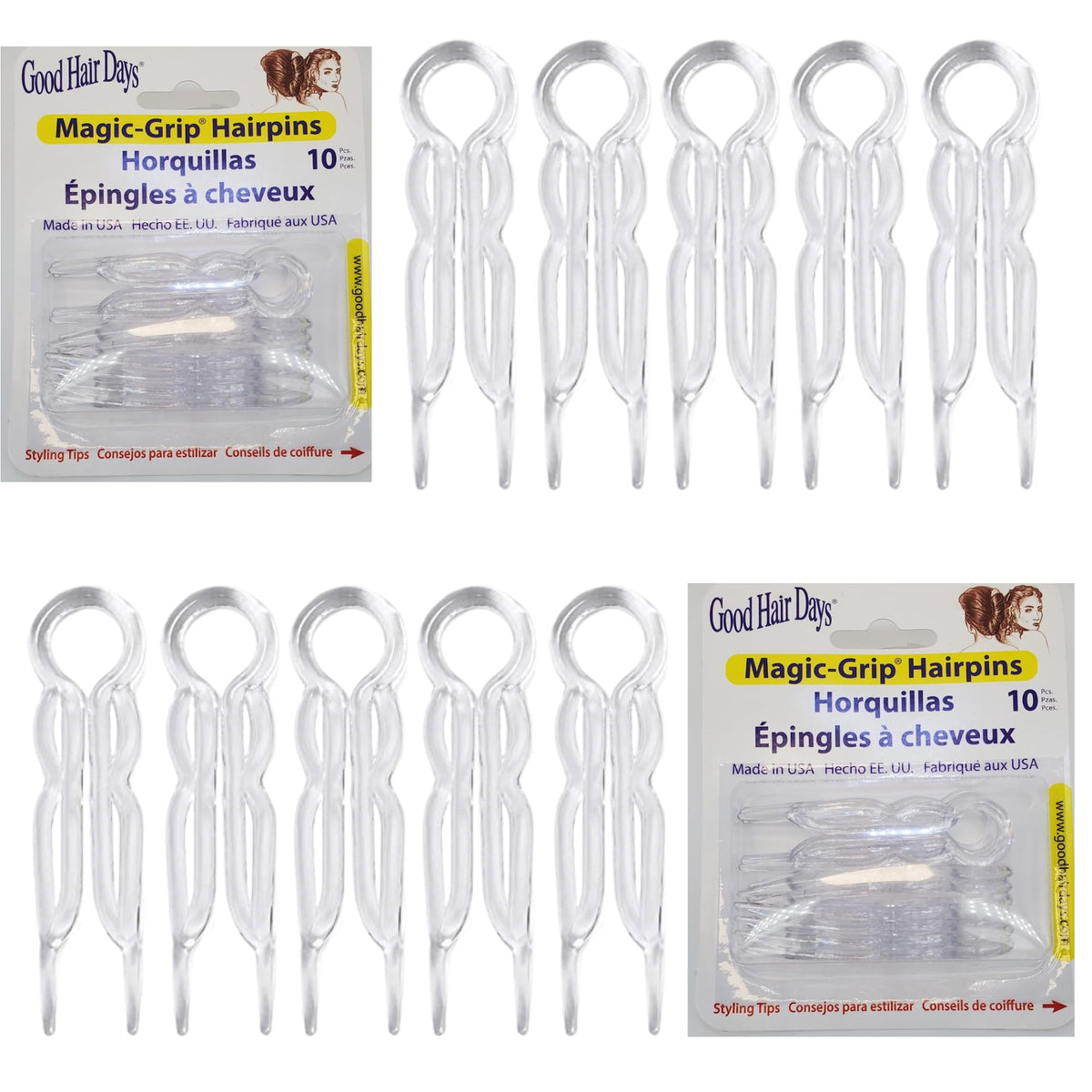 Good Hair Days front packaging showing crystal pins and set of 20 for easy selection