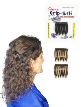 Good Hair Days front view of two tortoise shell side combs showing compact size and packaging benefit