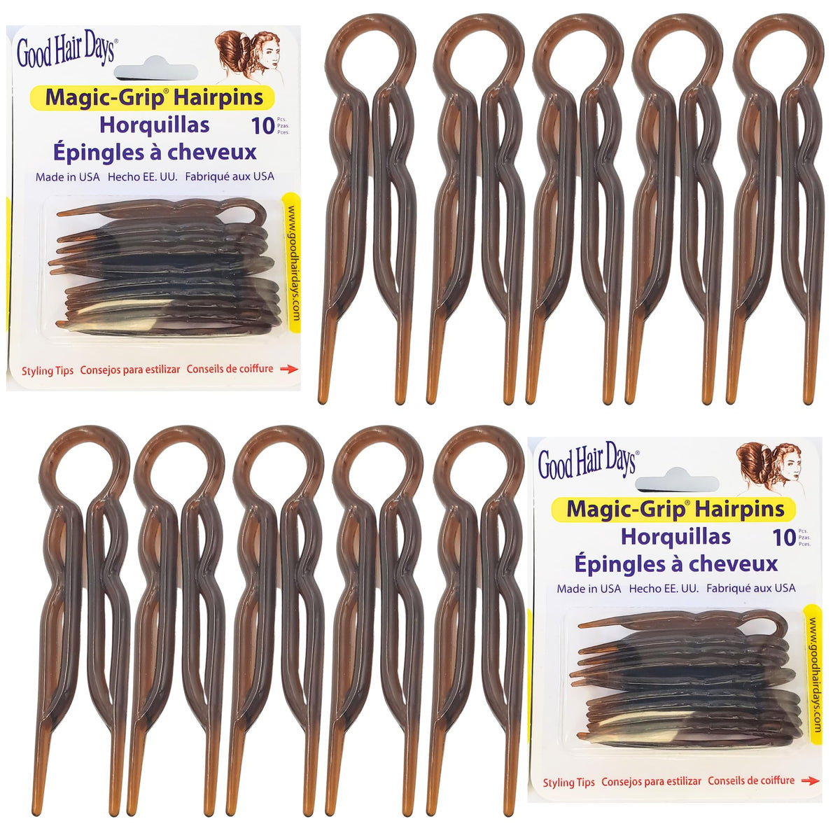 Good Hair Days front packaging of tortoise shell hairpins showing set of 20, promotes secure hold