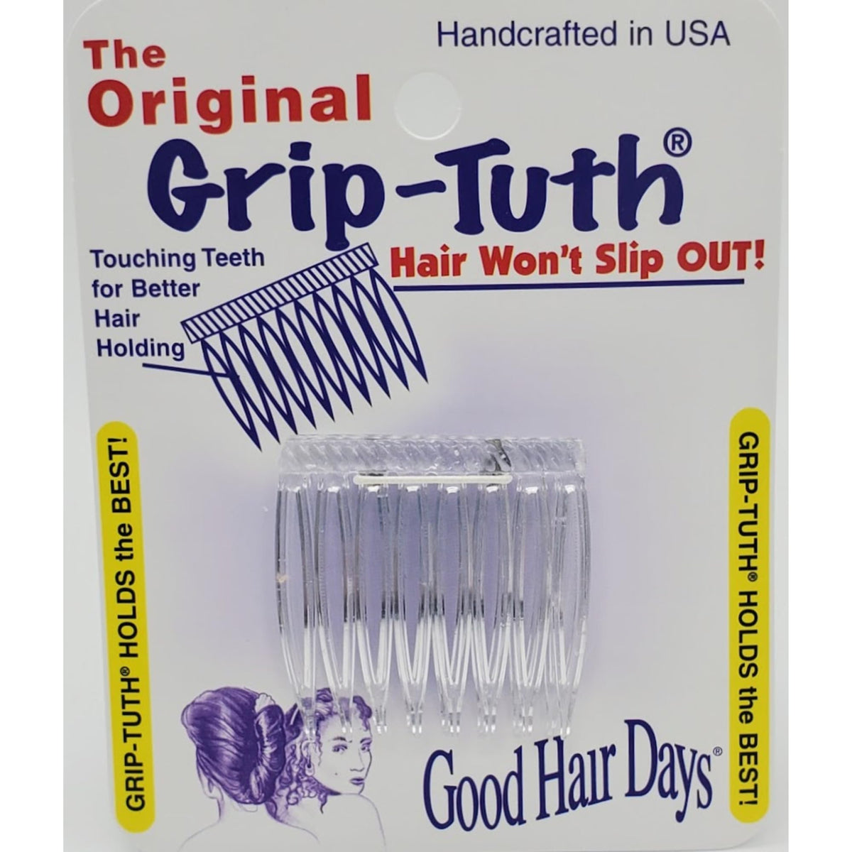 Good Hair Days front view of two clear Grip-Tuth combs showing compact design and benefit hold