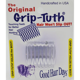 Good Hair Days front view of two clear Grip-Tuth combs showing compact design and benefit hold