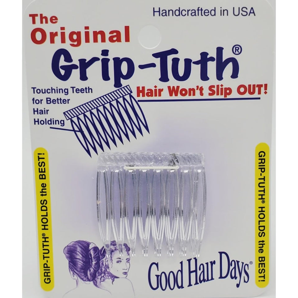 Good Hair Days front view of two clear Grip-Tuth combs showing compact design and benefit hold