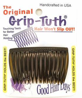 Good Hair Days front view of tortoise shell side combs showing size and color benefits