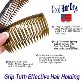 Good Hair Days Grip-Tuth comb beside a coin showing scale and travel-friendly benefit