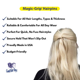 Good Hair Days pin securing an updo to show secure styling without tugging