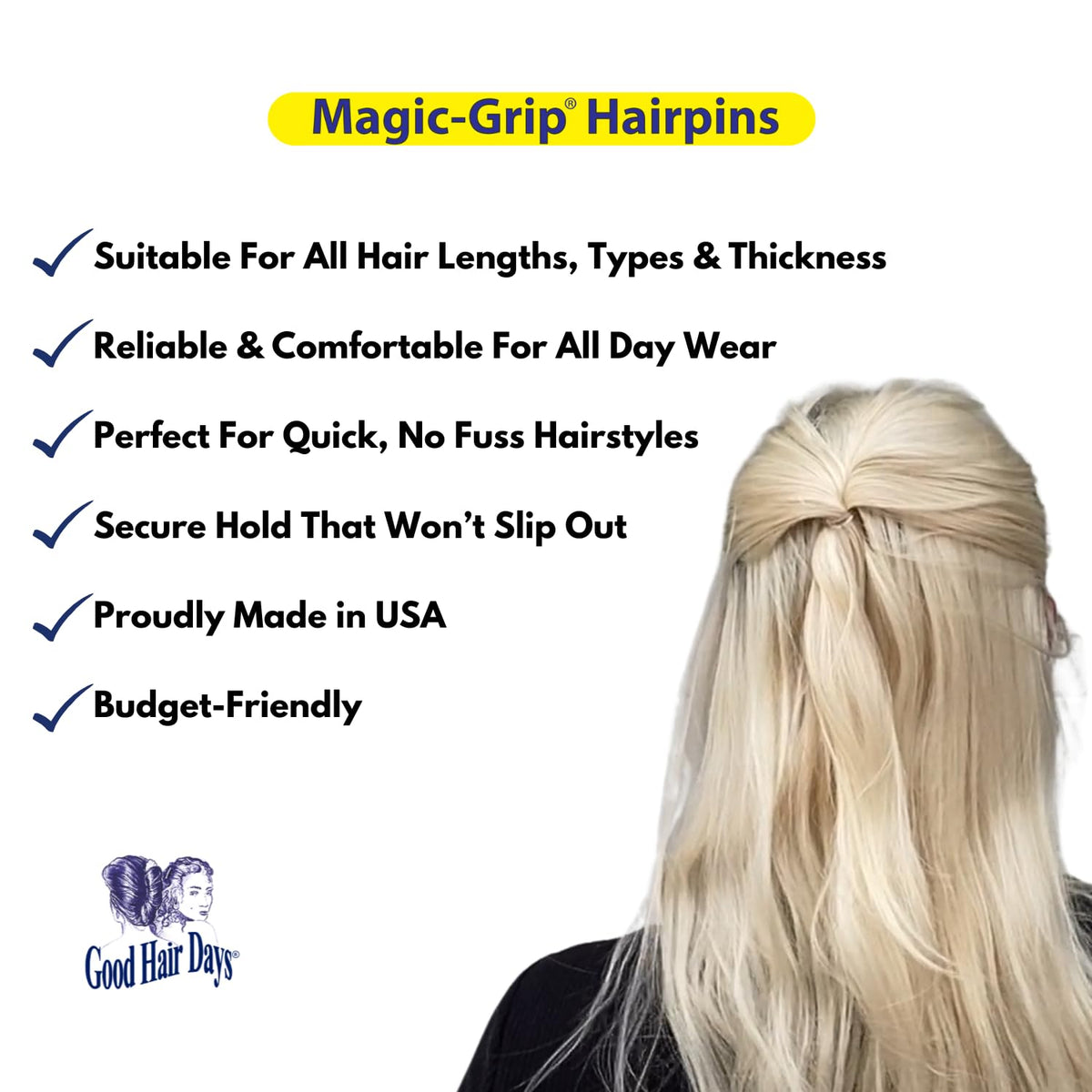 Good Hair Days hairpins holding an elegant updo, demonstrating invisible secure styling