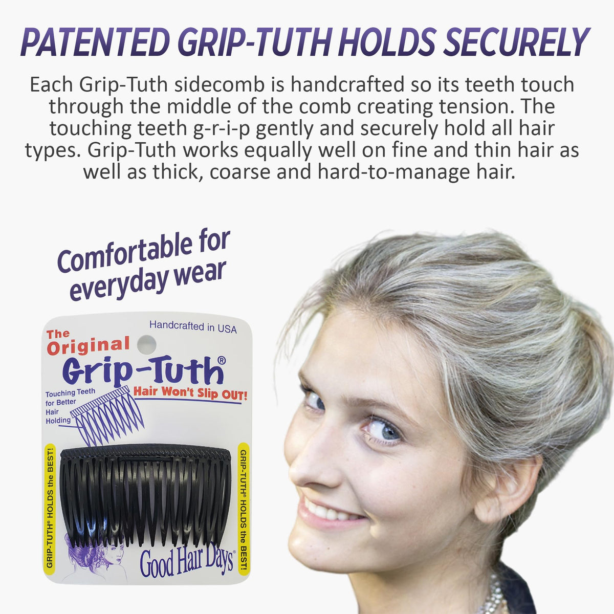 Good Hair Days side profile showing 1½-inch width for low-profile secure styling advantage