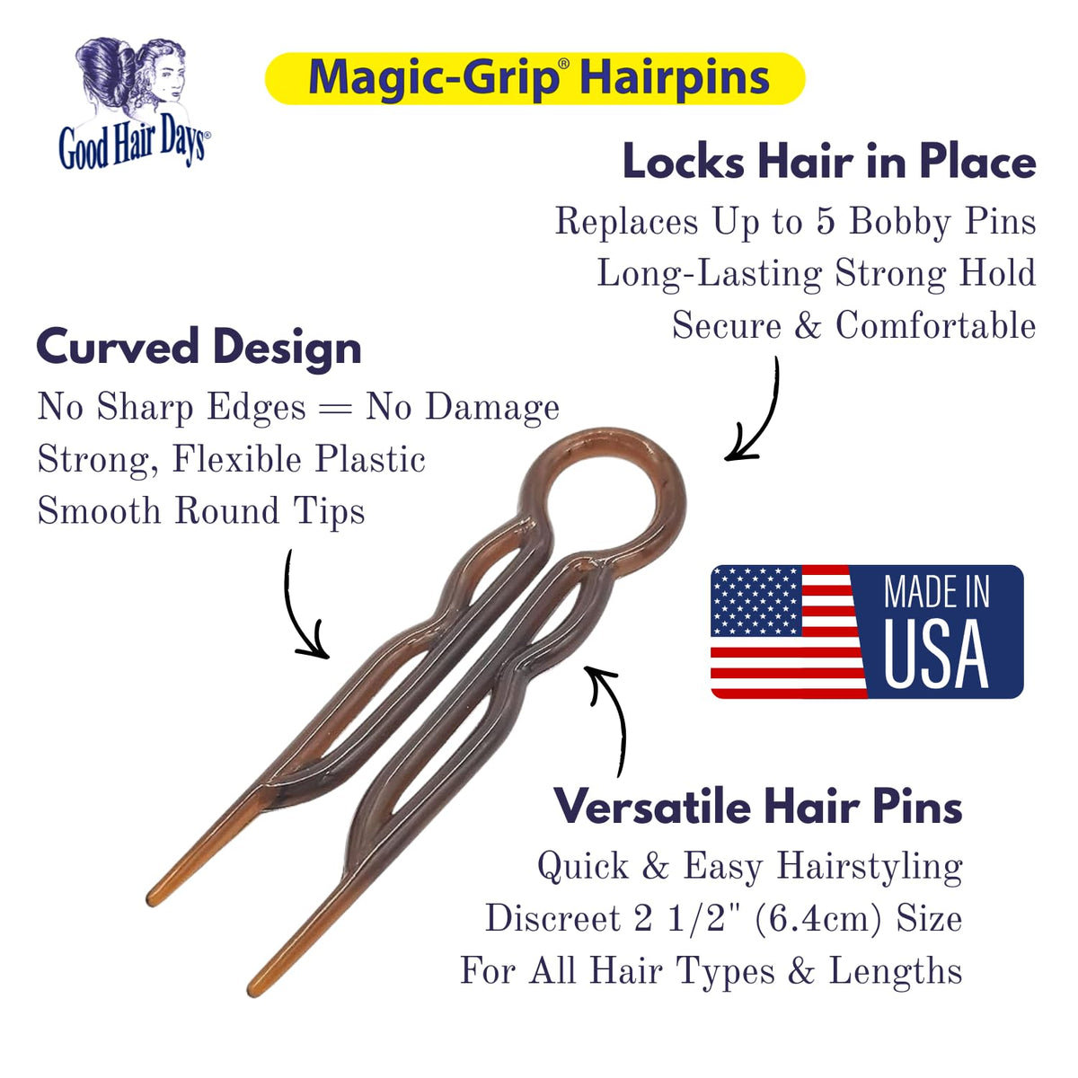 Good Hair Days pins next to a ruler and hand to show 2.5 inch size for scale and fit