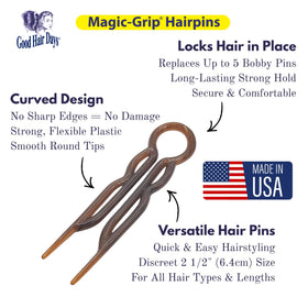 Good Hair Days pins next to a ruler and hand to show 2.5 inch size for scale and fit