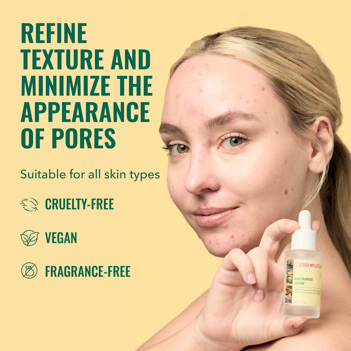Good Molecules dropper dispensing serum demonstrating precise application